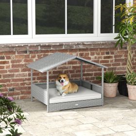 Wicker Dog House Outdoor with Canopy, Rattan Dog Bed with Water-resistant Cushion, Raised Dog Bed for Small, Medium Dogs up to 66 lbs