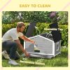 Wooden Cabin Style Outdoor Dog House with Openable Roof, Removable Bottom, Windows, Curtain, Foot Covers, Gray